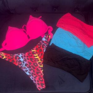 Bright Pink Bikini Top with Multi-Color Leopard Bottom and 3 tube tops